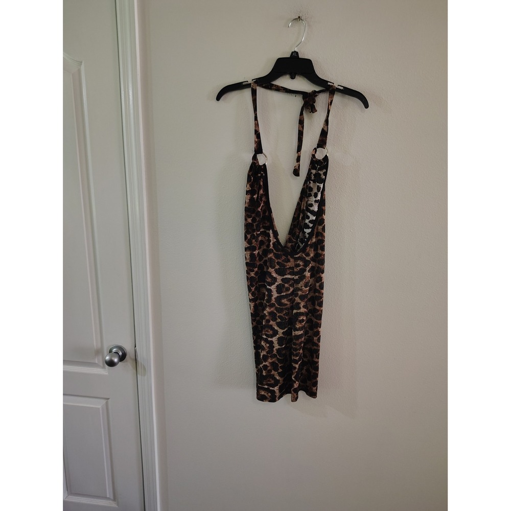 Fredes Leopard Print Halter Mini Dress Brown Animal Print O-Ring Clubwear Large